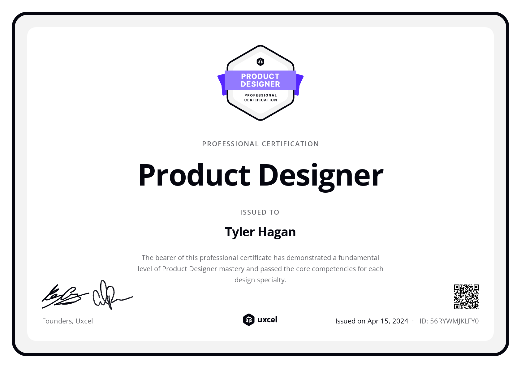 Tyler Hagan's certificate